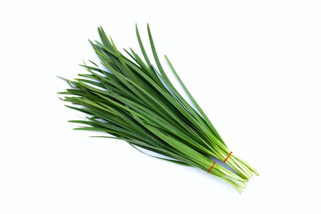 Feuilles de ciboulette chinoise fraîche sur fond blanc