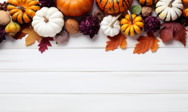 feuilles de citrouilles et glands avec des fleurs sur une table en bois blanc