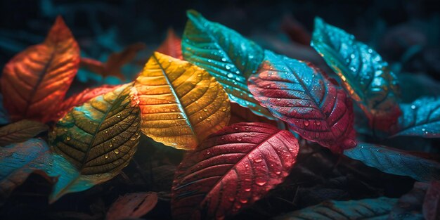 Feuilles colorées sur fond sombre