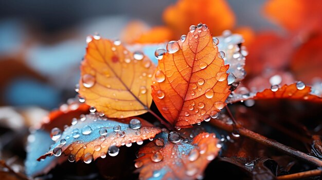 Les feuilles de couleurs vives humides de l'automne couvertes de neige