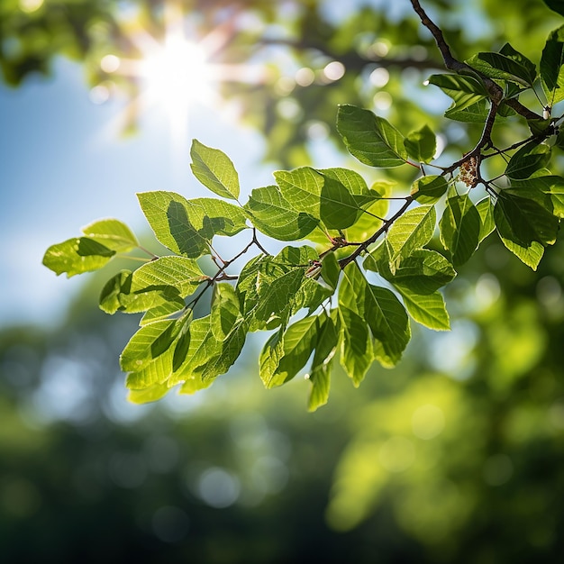 Les feuilles dans les arbres sur le fond vert de la forêt sous la lumière du soleil par une belle journée