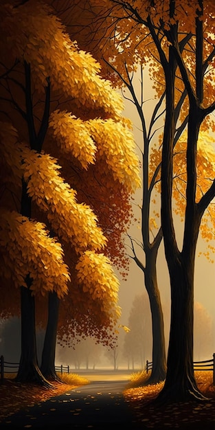 Des feuilles dorées sur les arbres à l'automne Un décor automnal époustouflant
