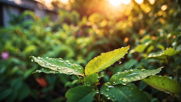 Les feuilles du jardin après la pluie au coucher du soleil