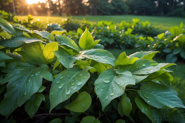 Les feuilles du jardin après la pluie au coucher du soleil