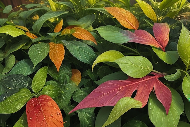 Les feuilles du jardin après la pluie au coucher du soleil