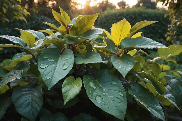 Les feuilles du jardin après la pluie au coucher du soleil