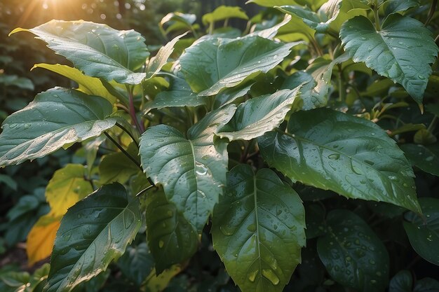 Les feuilles du jardin après la pluie au coucher du soleil