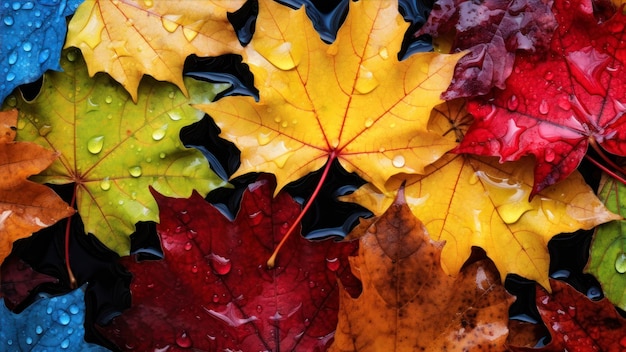 Des feuilles d'érable d'automne colorées dans l'eau avec des gouttes de rosée