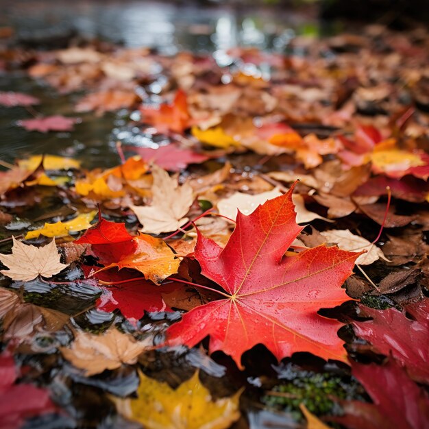 Photo des feuilles d'érable d'automne dans une flaque d'eau