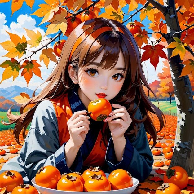 Les feuilles d'érable d'automne Fille mangeant des persimmons tendance sur pixiv fanbox palette de peinture acrylique kn