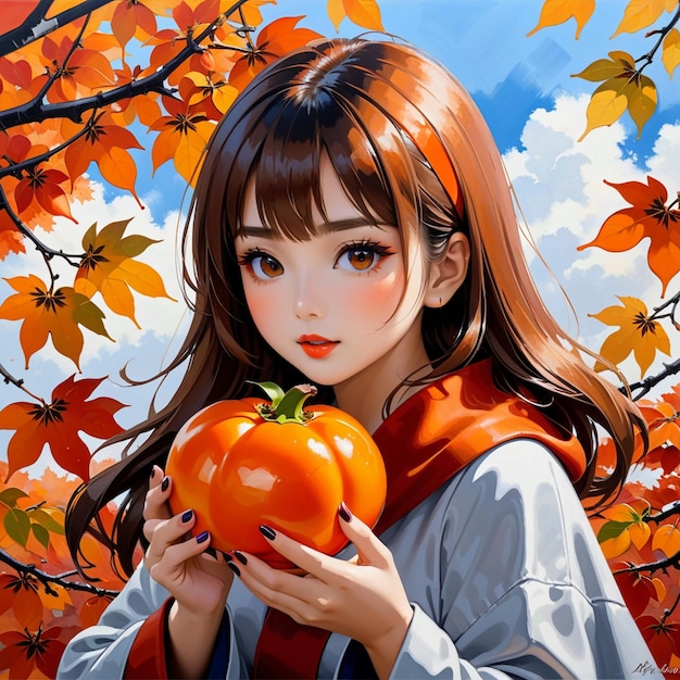 Les feuilles d'érable d'automne Fille mangeant des persimmons en vogue sur Pixiv fanbox peinture acrylique