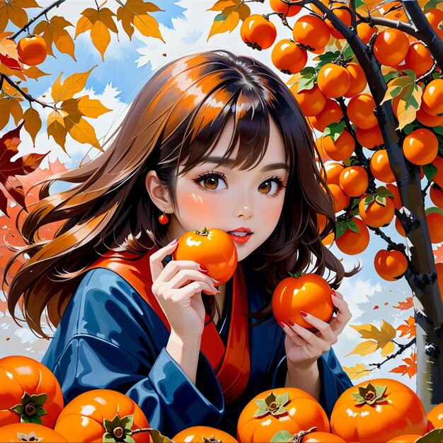 Photo les feuilles d'érable d'automne fille mangeant des persimmons en vogue sur pixiv fanbox peinture acrylique