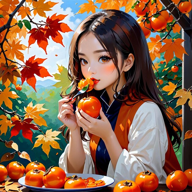 Photo les feuilles d'érable d'automne fille mangeant des persimmons en vogue sur pixiv fanbox peinture acrylique