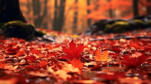 Feuilles d'érable d'automne rouges éparpillées sur le sol de la forêt