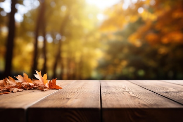 Les feuilles d'érable d'automne sur la table en bois Les feuilles qui tombent arrière-plan naturel AI générative