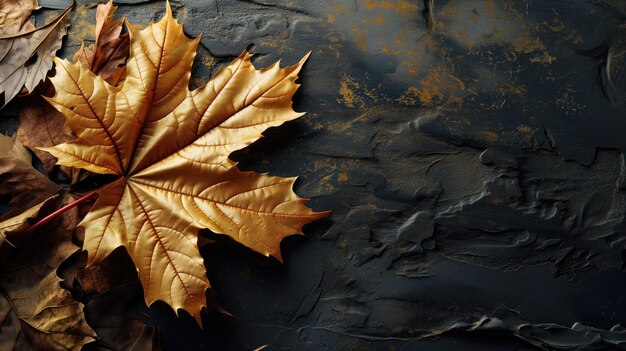 Feuilles d'érable dorées sur une surface noire avec des taches dorées