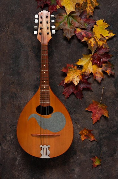 Feuilles d'érable et mandoline d'automne lumineuses Le concept d'événements musicaux et artistiques d'automne