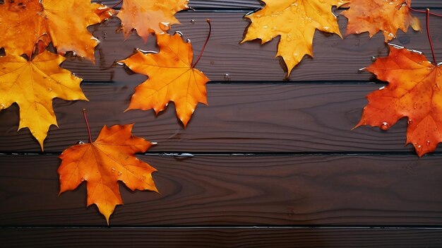 Photo des feuilles d'érable orange mouillées sur un fond en bois