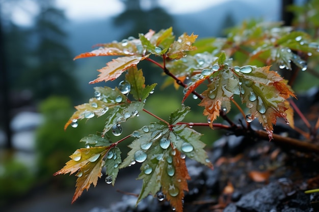 Photo les feuilles d'érable vertes et oranges après la pluie il y a des gouttelettes d'eau sur les feuilles génératif ai