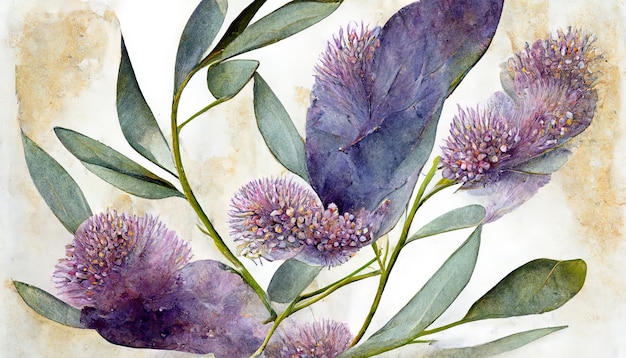 Feuilles d'eucalyptus aquarelle et illustration de fleur de lavande