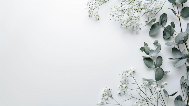 Les feuilles d'eucalyptus et les fleurs blanches sur le blanc