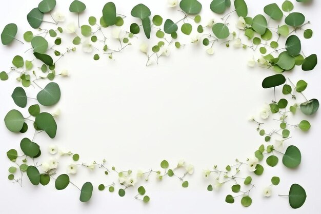 Photo feuilles d'eucalyptus et fleurs blanches disposées en cercle sur un fond blanc