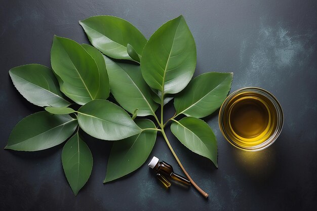 Des feuilles d'eucalyptus et de l'huile sur le dessus de la table