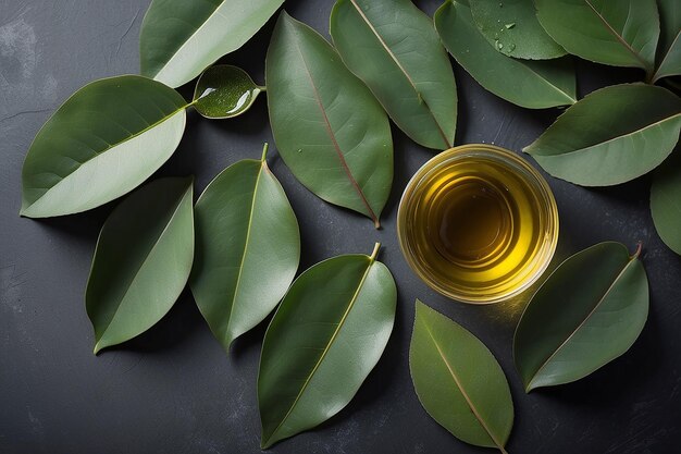 Des feuilles d'eucalyptus et de l'huile sur le dessus de la table