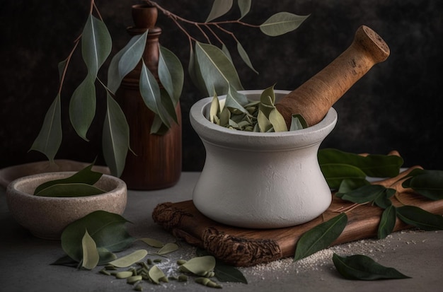 Feuilles d'eucalyptus et ingrédients blancs d'un mortier et d'un pilon pour les cosmétiques naturels