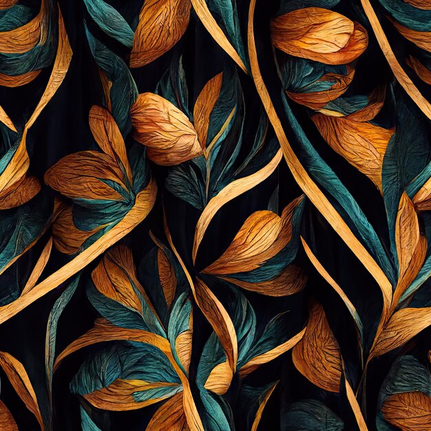 Des feuilles de fleurs d'automne chaudes en couleur brun orange et bleu teal, un motif abstrait sans couture, généré par l'IA.