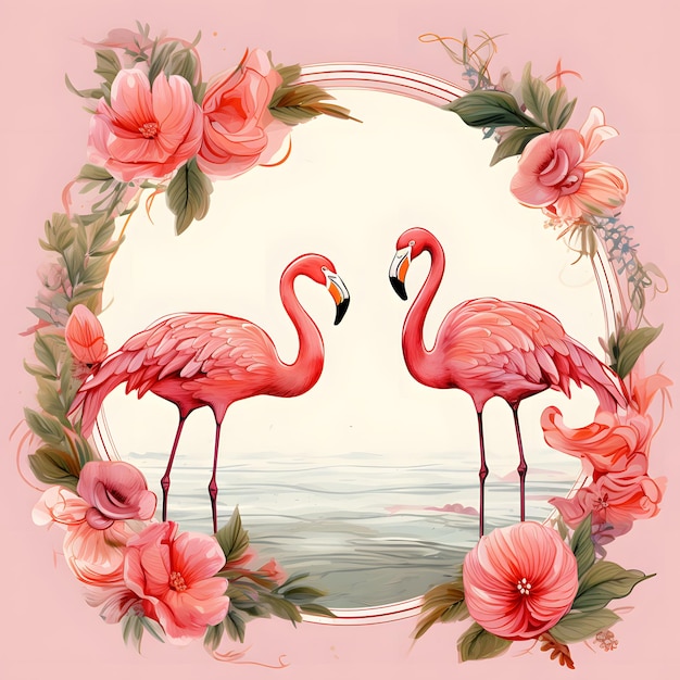 Feuilles et fleurs tropicales aquarelle flamant rose cadre illustration isolée