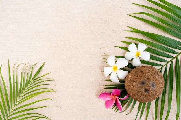 Feuilles et fleurs tropicales sur fond beige