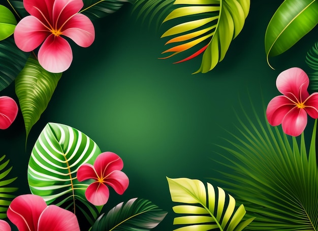 Feuilles et fleurs tropicales sur fond vert