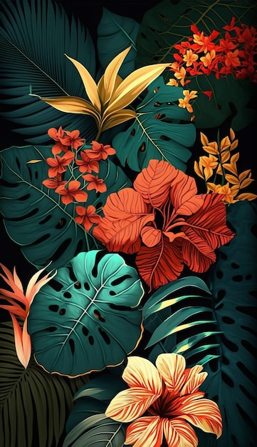 Feuilles et fleurs tropicales. IA générative.