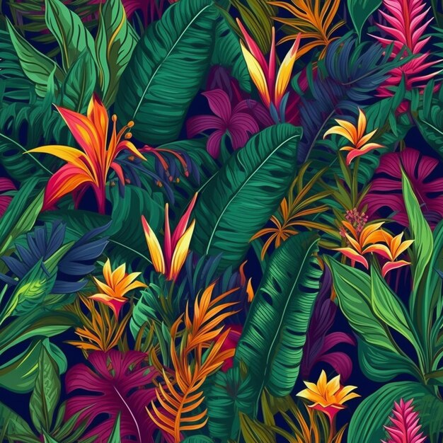 feuilles et fleurs tropicales motif sans couture génératif ai