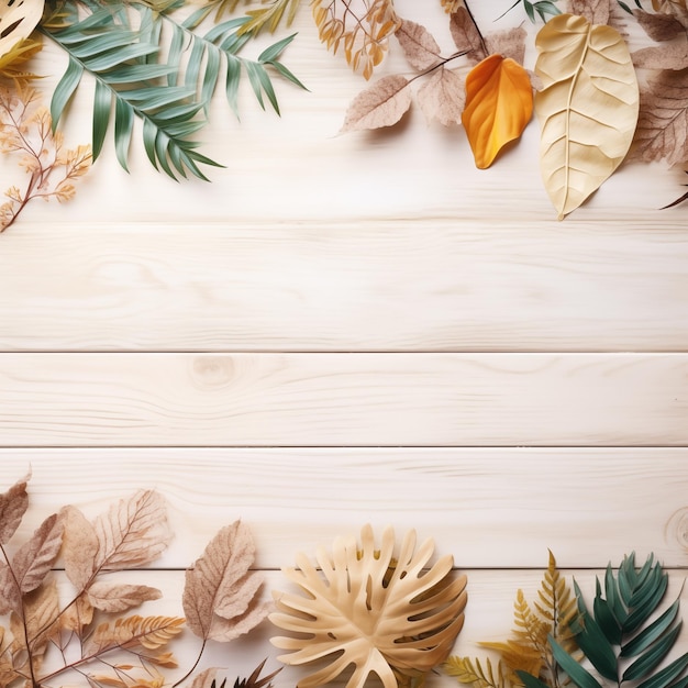 Des feuilles sur un fond en bois Arrière-plan d'automne