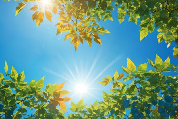 Photo feuilles sur fond de ciel bleu avec un soleil éclatant, fond de ciel ensoleillé, soleil et feuilles, fond d'écran, fond naturel, ia générative