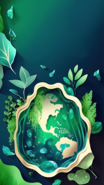 Feuilles de formes liquides abstraites et éléments de l'océan Affiche du concept du Jour de la Terre avec fond vert et bleu