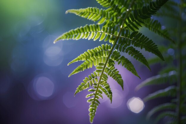 Les feuilles de fougère éclairées par le soleil créent une couleur verte vibrante avec des accents bleus et violets