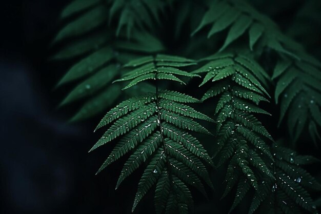 Des feuilles de fougère sur un fond sombre dans la jungle