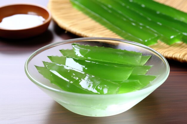 Feuilles fraîches d'aloe vera coupées avec du gel visible