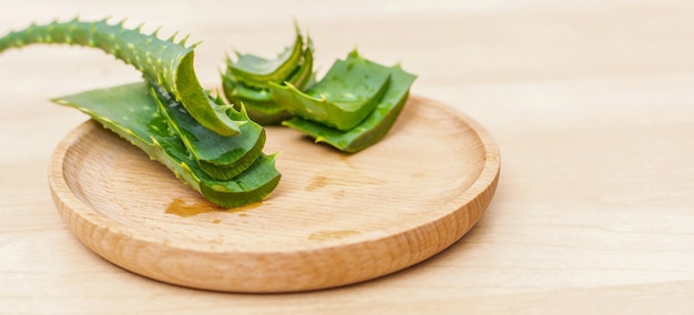 Feuilles fraîches d'aloe vera et tranches d'aloe vera sur fond de bois