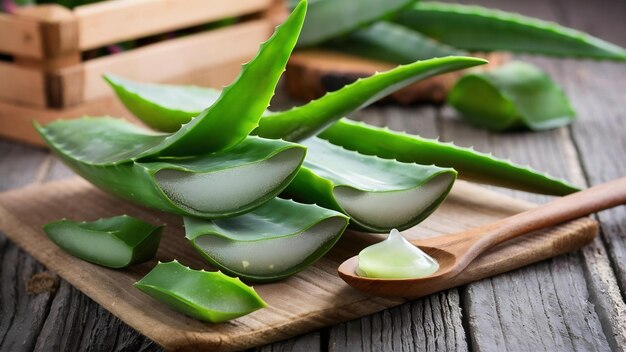 Feuilles fraîches d'aloe vera avec des tranches et du gel sur cuillère en bois