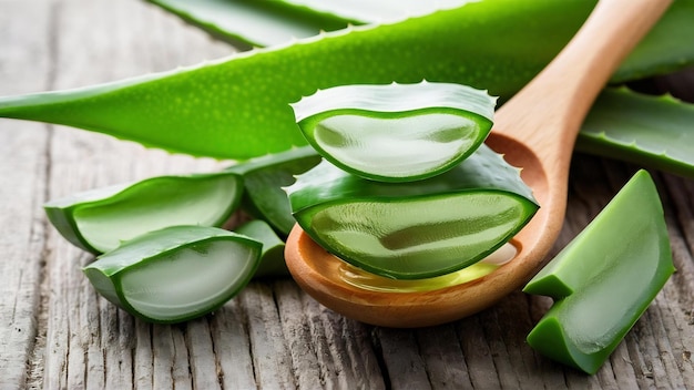 Feuilles fraîches d'aloe vera avec des tranches et du gel sur cuillère en bois