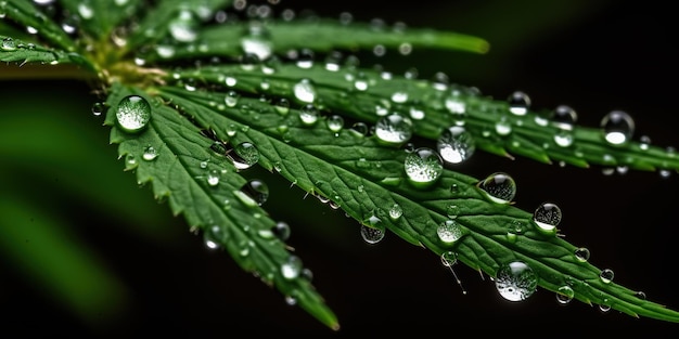 Photo les feuilles fraîches de marijuana avec des gouttes de rosée vue rapprochée