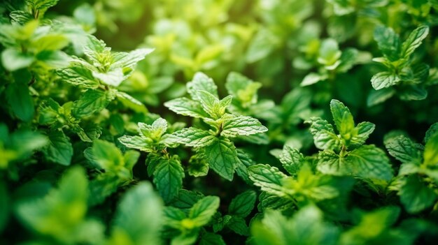 Des feuilles fraîches de menthe poivrée organique dans le jardin d'été