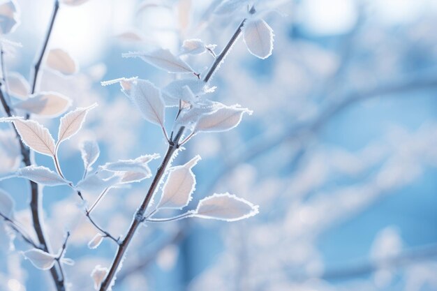 Des feuilles gelées sur une branche d'arbre en hiver