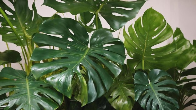 Les feuilles humides de la plante monstera deliciosa dans un jardin