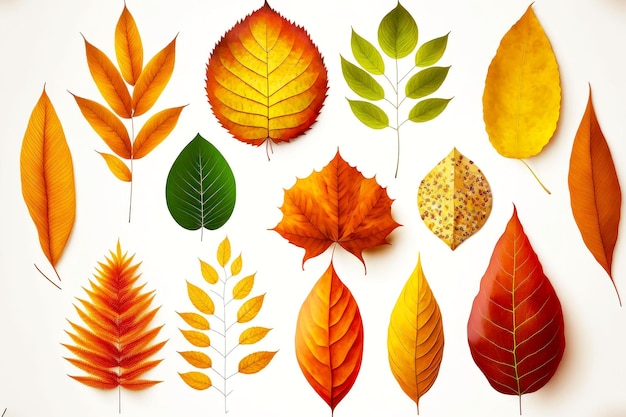 Photo feuilles individuelles rouges jaunes de l'arbre de chute des feuilles d'automne isolé sur blanc