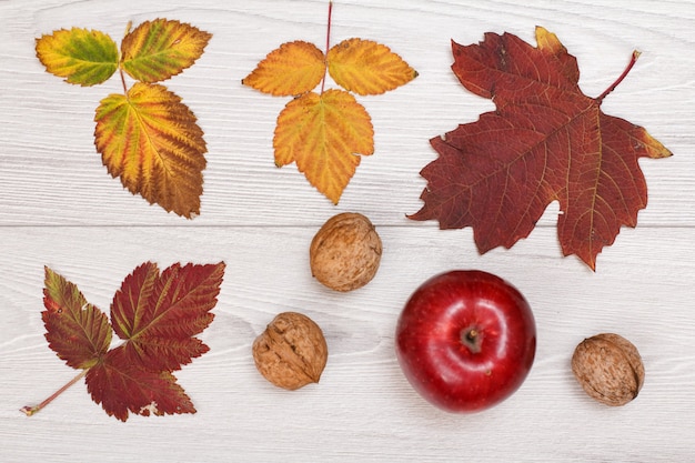 Feuilles jaunes et brunes sèches, pomme rouge et noix sur fond en bois. Une nature morte d'automne. Vue de dessus.